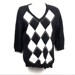 Liz Claiborne Argyle V Neck Black and White Sweater Women's Size Petite Medium